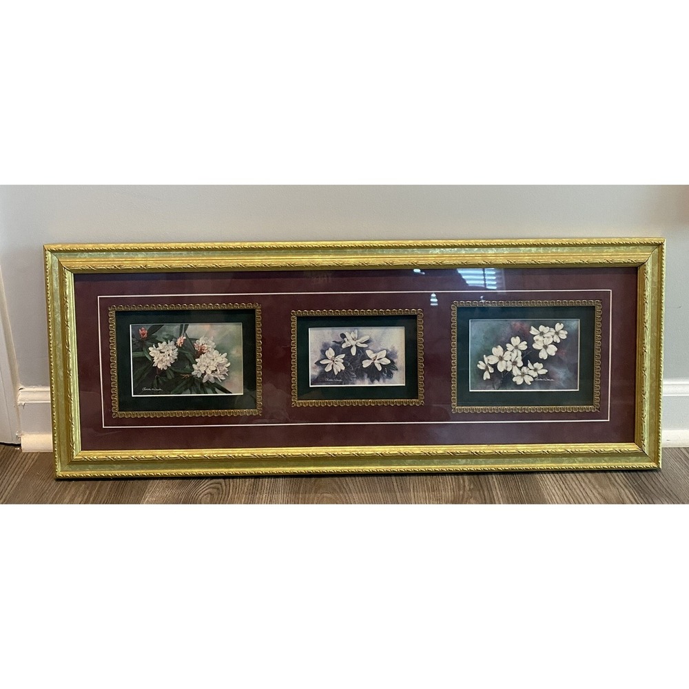 Vintage Charles Towle Gold Framed Signed Color Floral Flowers Print 32.5" x 12"
